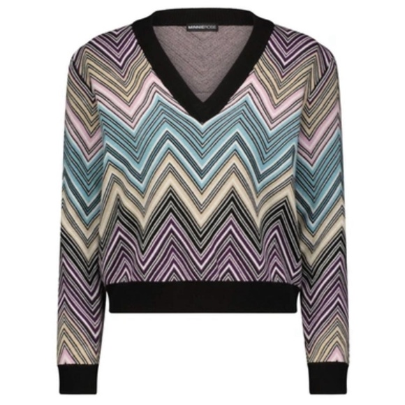 MINNIE ROSE Women's Chevron Cropped V Neck Pullover In Multi combo NEW - Picture 1 of 6